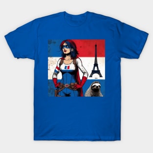 Francais: Female Gritty 80's Comic Book Hero with Sloth T-Shirt